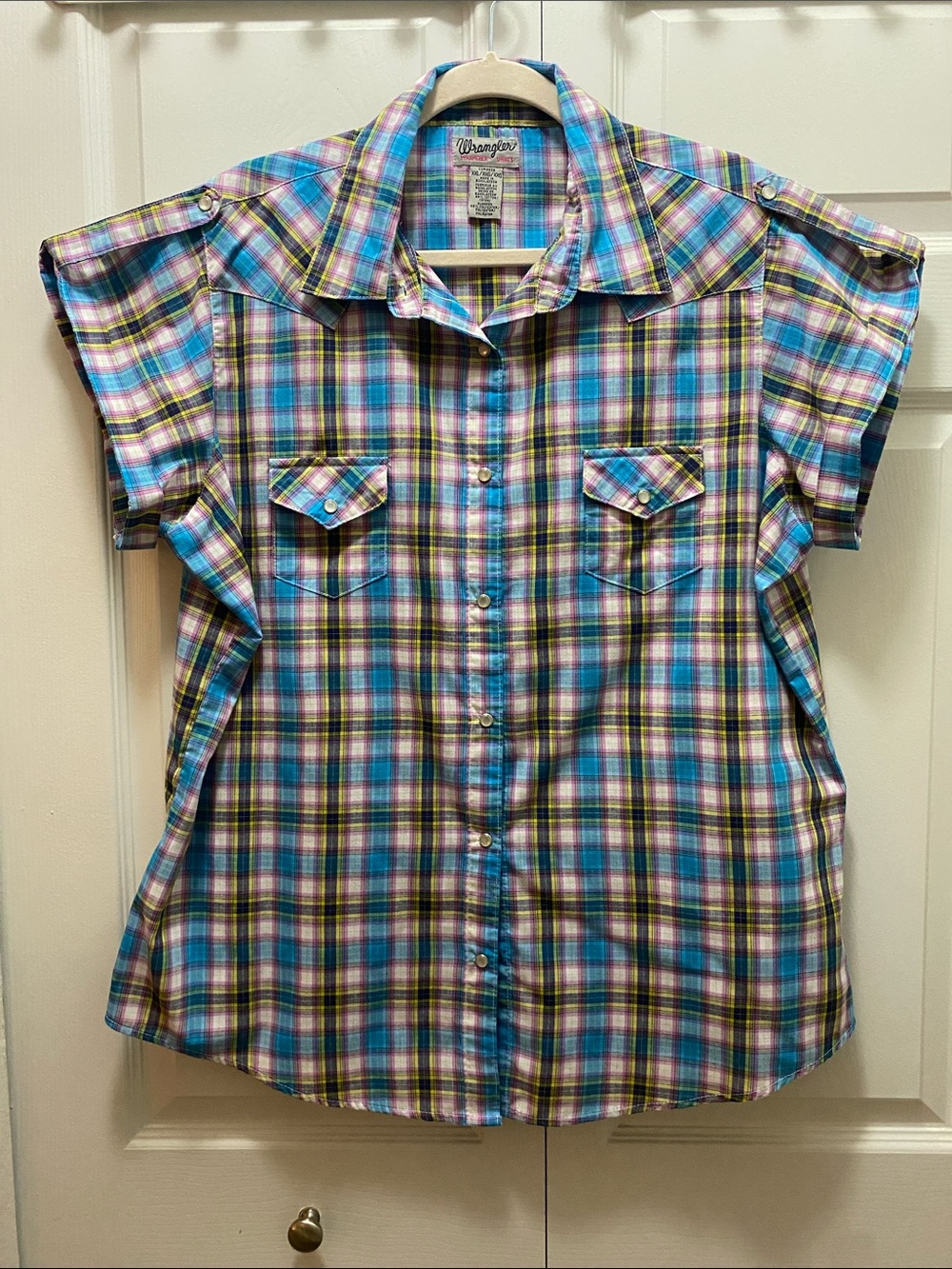Wrangler Plaid Button-Down Shirt - Blue, Pink, Yellow - Cotton Blend - Size XXL